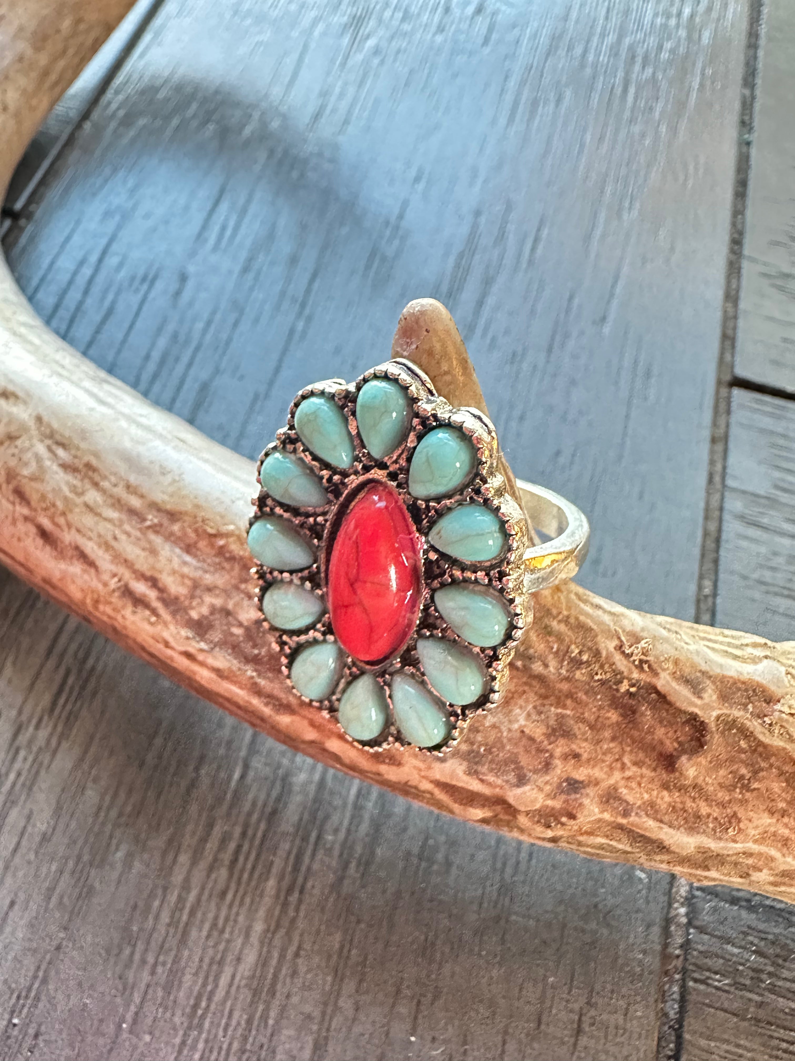 Blue & red turquoise cactus flower ring